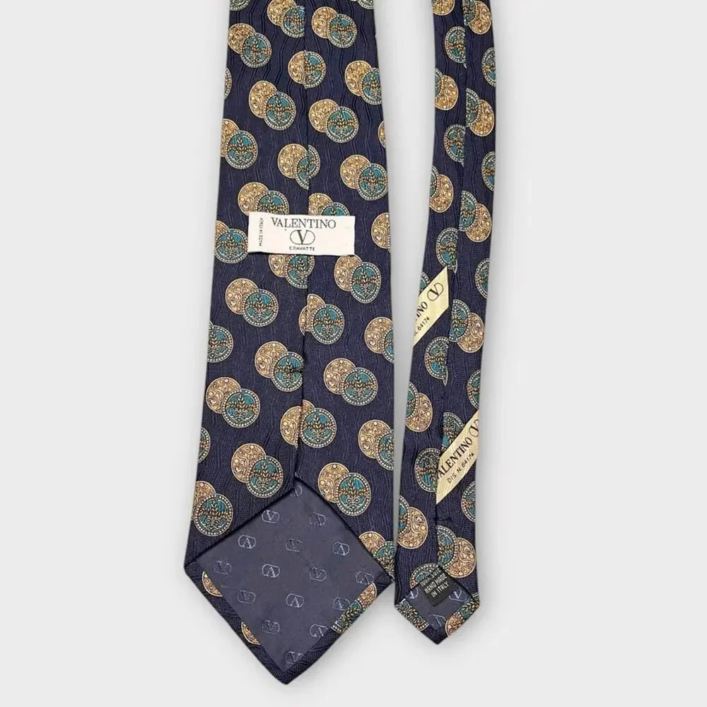 VALENTINO navy, teal & gold coin medallion print silk tie made in Italy luxury